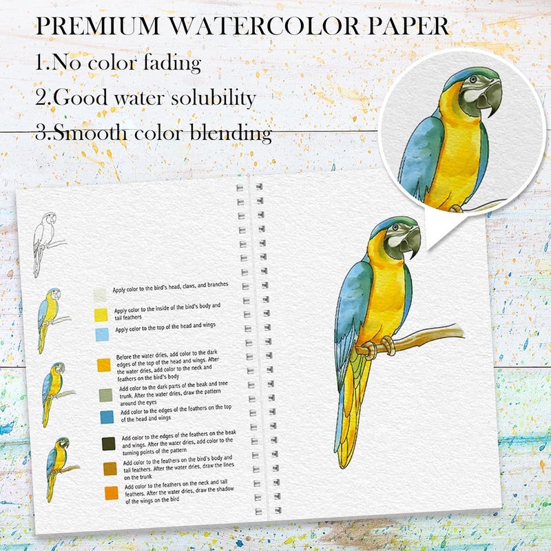 ADEVIAN Watercolor Workbook, Watercolor Workbook Paint Book Beginner Friendly, 12 Different Patterns Stress-Relieving Art Crafts for Creative Exploration Gift for Women Adults Teens (Bird, 1) - Image 3